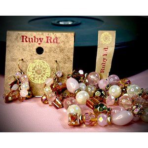 Baby Pink Ruby Road Beaded Glass, Shell, Dangle Crystal Earrings & Bracelet Set